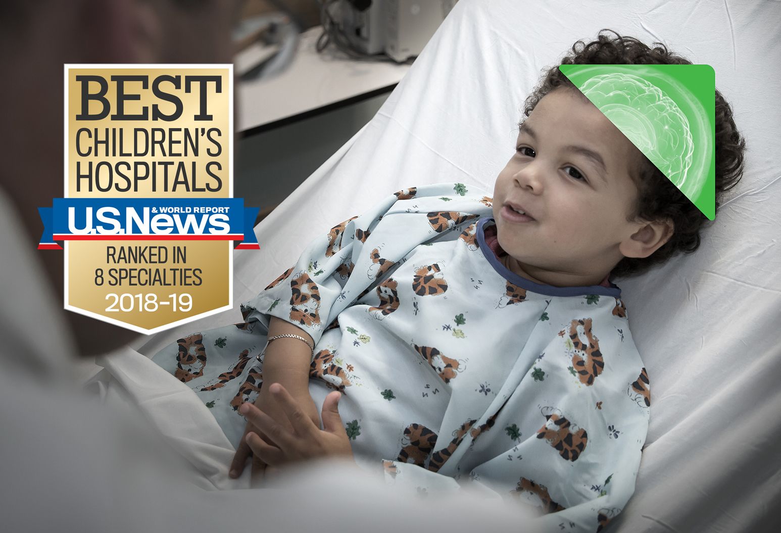 A brown badge and blue and red ribbon that reads "Best Children's Hospitals. U.S. News and World Report. Ranked in 8 Specialties. 2018-19"